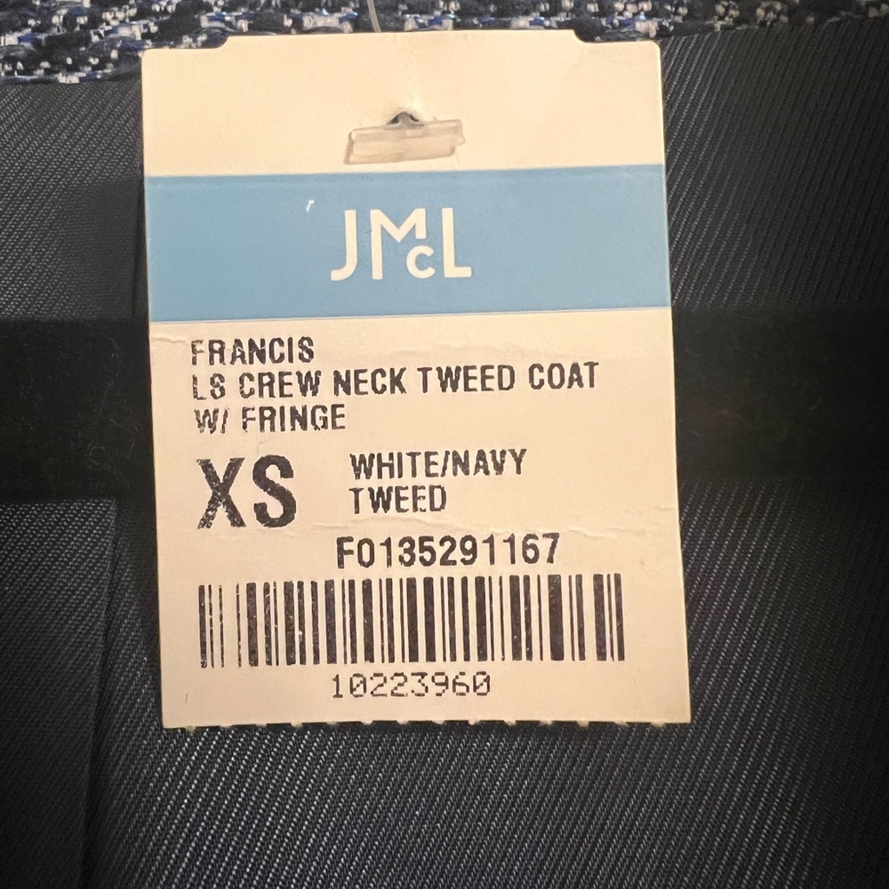 NWT J. McLaughlin Blue White Fringe Trim Tweed Francis Jacket, Size XS - Picture 4 of 5